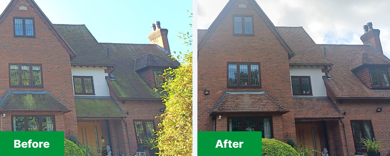 Clay roof tiles before then after biocide roof wash treatment